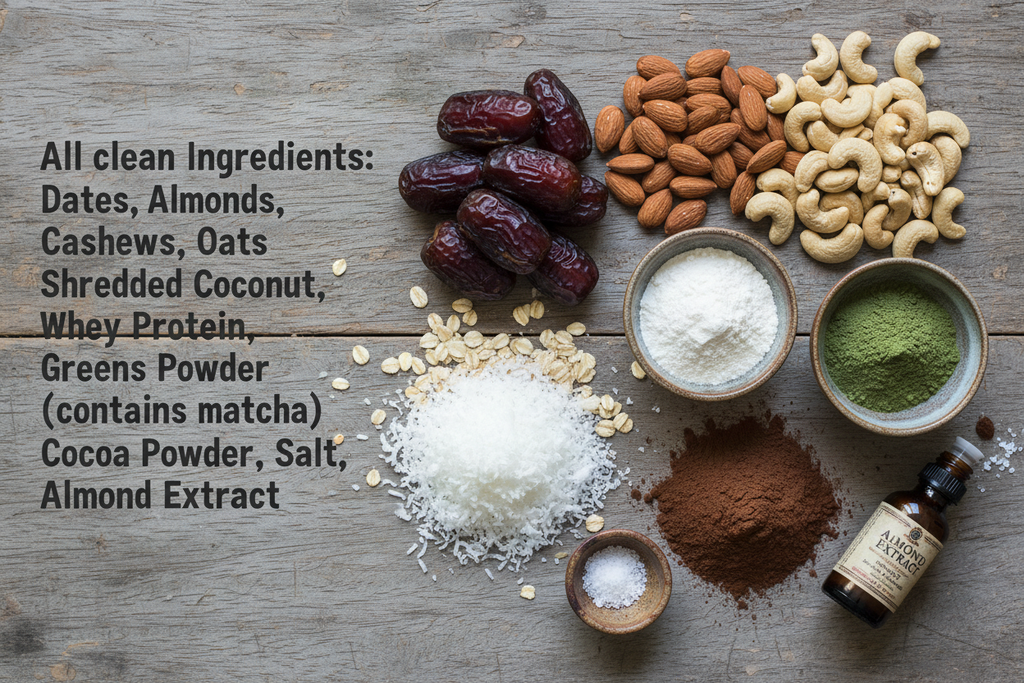 A top-down view of a rustic wooden table. On the left side of the image is the following text: "All clean Ingredients: Dates, Almonds, Cashews, Oats, Shredded Coconut, Whey Protein, Greens Powder (contains matcha), Cocoa Powder, Salt, Almond Extract". It is of utmost importance that the text, the commas, the spaces and the brackets between the quotes are all arranged in the exact sequence I have provided for you. On the right side, show each ingredient on the table arranged nicely.