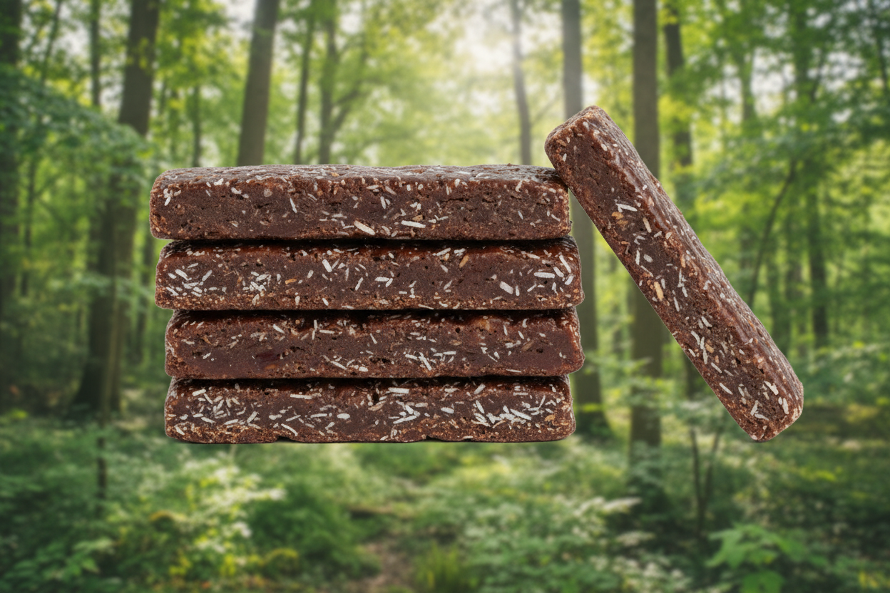 An energy bar that is about 3.5 inches long, 2.5 inches wide, and 1 inch thick. The colour is dark due to the dates and the cocoa in the recipe. It has some subtle shredded coconut pieces visible in the bar. The corners and the edges are crisp. There are 5 bars in total in the image. This detail is extremely important because we are selling exactly 5 bars and if our image has a different number, it will provide incorrect information to the customer. 4 bars are stacked and 1 bar is leaning against the stack.
