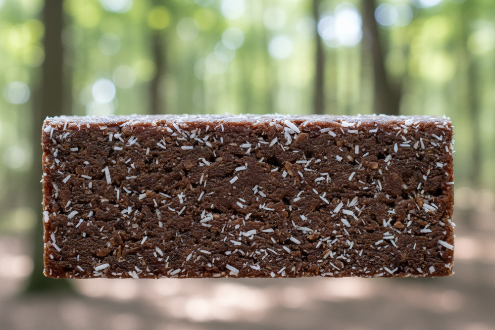 An energy bar that is about 3.5 inches long, 2.5 inches wide, and 1 inch thick. The colour is dark due to the dates and the cocoa in the recipe. It has some subtle shredded coconut pieces visible in the bar. The corners and the edges are crisp. There is one bar in the image, fairly close up to show texture. The background is a beautiful nature scene.