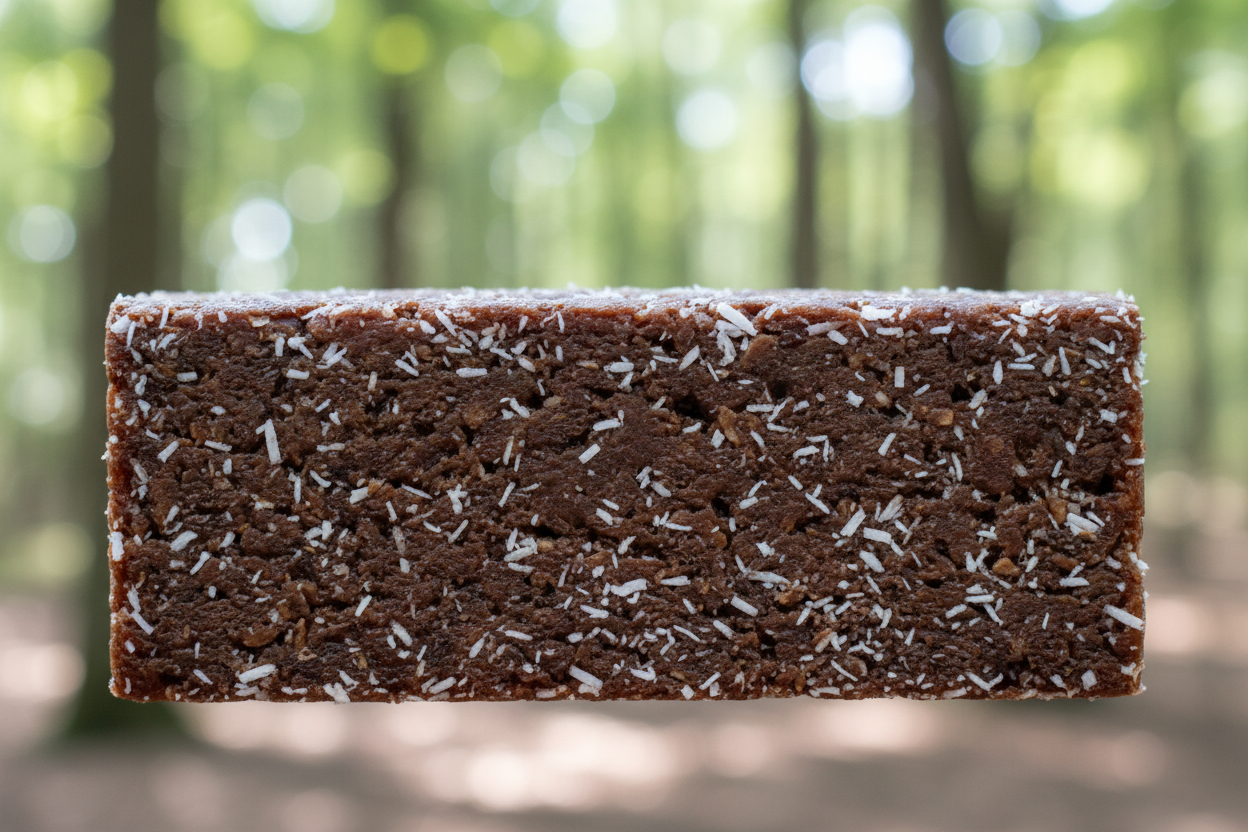 An energy bar that is about 3.5 inches long, 2.5 inches wide, and 1 inch thick. The colour is dark due to the dates and the cocoa in the recipe. It has some subtle shredded coconut pieces visible in the bar. The corners and the edges are crisp. There is one bar in the image, fairly close up to show texture. The background is a beautiful nature scene.