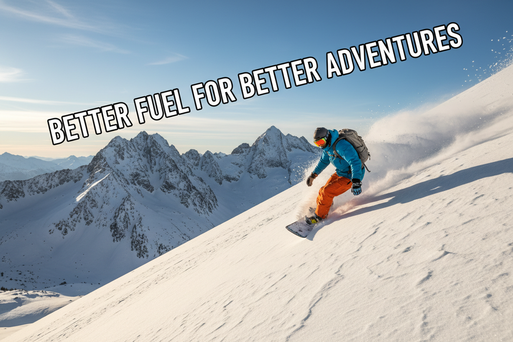 An image of a snowboarder snowboarding down a mountain with text overlaying the image that says exactly "Better Fuel For Better Adventures"