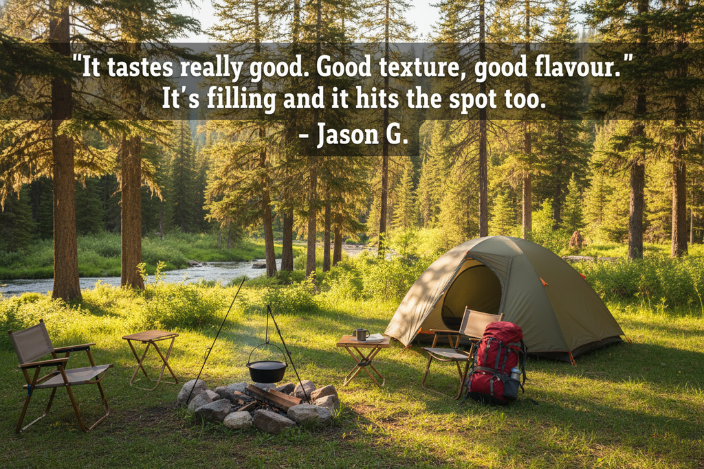 Generate a camping scene during the day time with the tent set up in the background with the following quote overlaid: "It tastes really good. Good texture, good flavour. It's filling and it hits the spot too." - Jason G