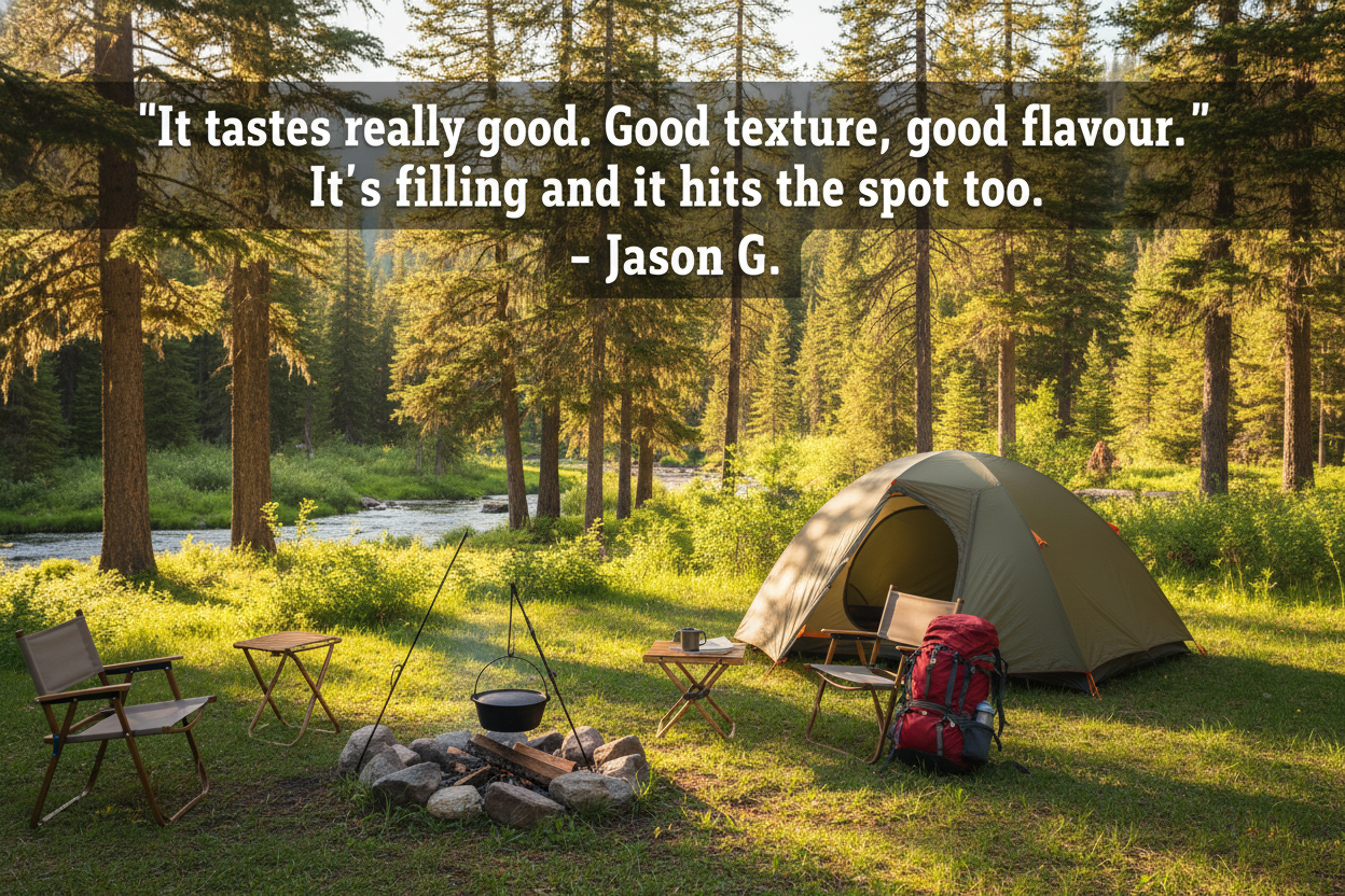 Generate a camping scene during the day time with the tent set up in the background with the following quote overlaid: "It tastes really good. Good texture, good flavour. It's filling and it hits the spot too." - Jason G