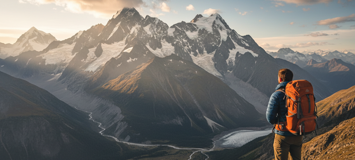 Generate a horizontal cover image with a person on the bottom right facing away from the camera with a backpack on, looking into the distance at a mountain that they are about to hike