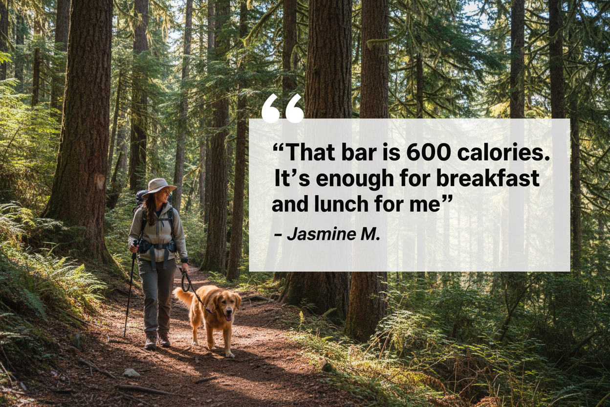 Show a woman hiking on a forested trail with her dog. Overlaid is the following quote: "That bar is 600 calories. It's enough for breakfast and lunch for me" - Jasmine M